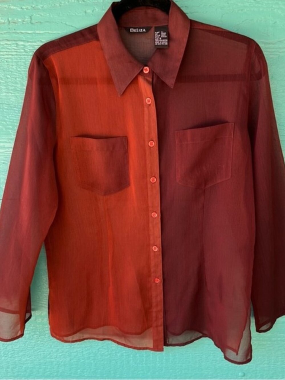 SHEER Y2K COLORBLOCK BROWN ORANGE BUTTON FRONT LONG SLEEVE TOP SIZE MEDIUM
